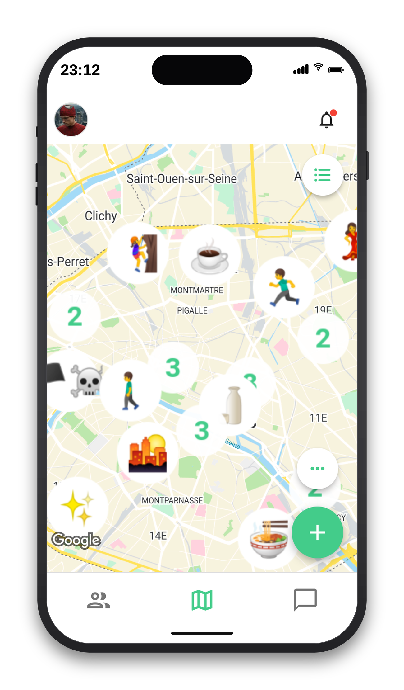 Sity mobile map showing nearby activities in Paris.